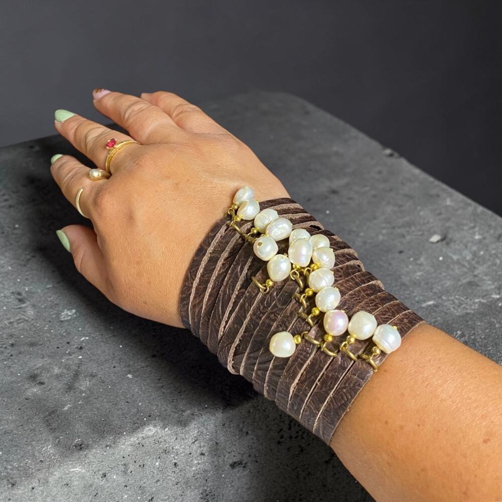 Jenny Rabell 4" Wide Tooled Leather Cuff Bracelet Pearl Dangle Snap Closure